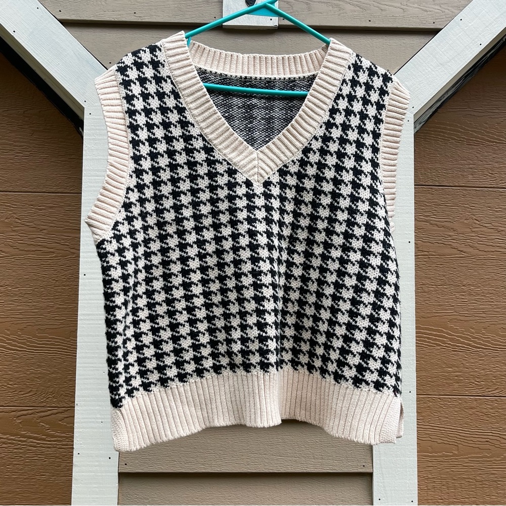 Black and Cream Houndstooth Sweater Vest